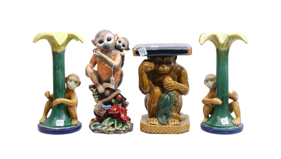 Multi Color Seated Monkey With Baby on Shoulder, Pair Palm Tree Candleholders With Seated Monkey at (1 of 13)