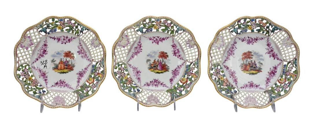 3 Reticulated Plates, German Crossed Sword Mark, 9 1/2" dia. (1 of 7)