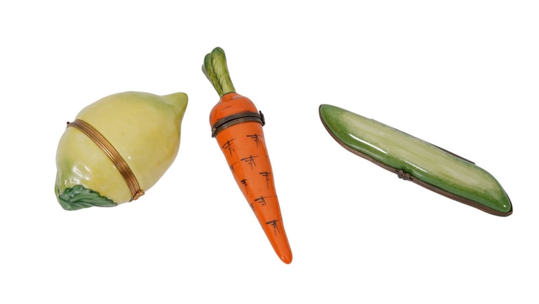 3 Limoges Trinket Boxes, Lemon, Carrot and Pea Pod Marked Tiffany & Co, Longest Carrot 7"L (1 of 2)