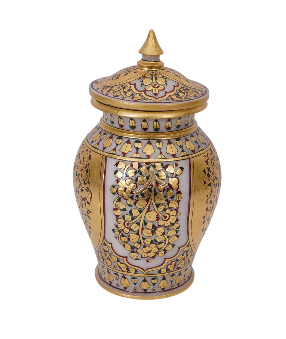 Marble Embossed Floral Covered Jar, with gilding throughout , 8 1/2"h x 6"w: Marble Embossed Floral Covered Jar, with gilding throughout , 8 1/2"h x 6"w