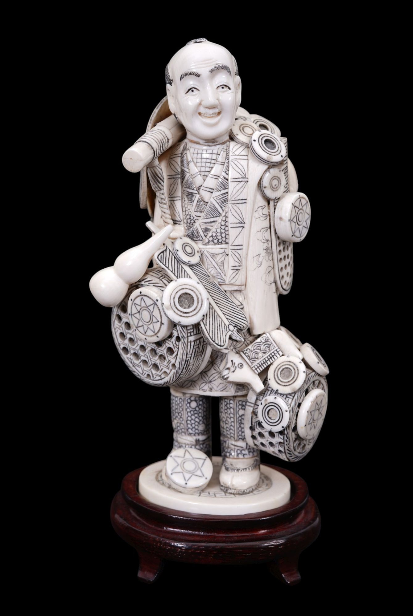 Chinese Carved "Peddler" on Base (needs securing), 9"h (1 of 6)