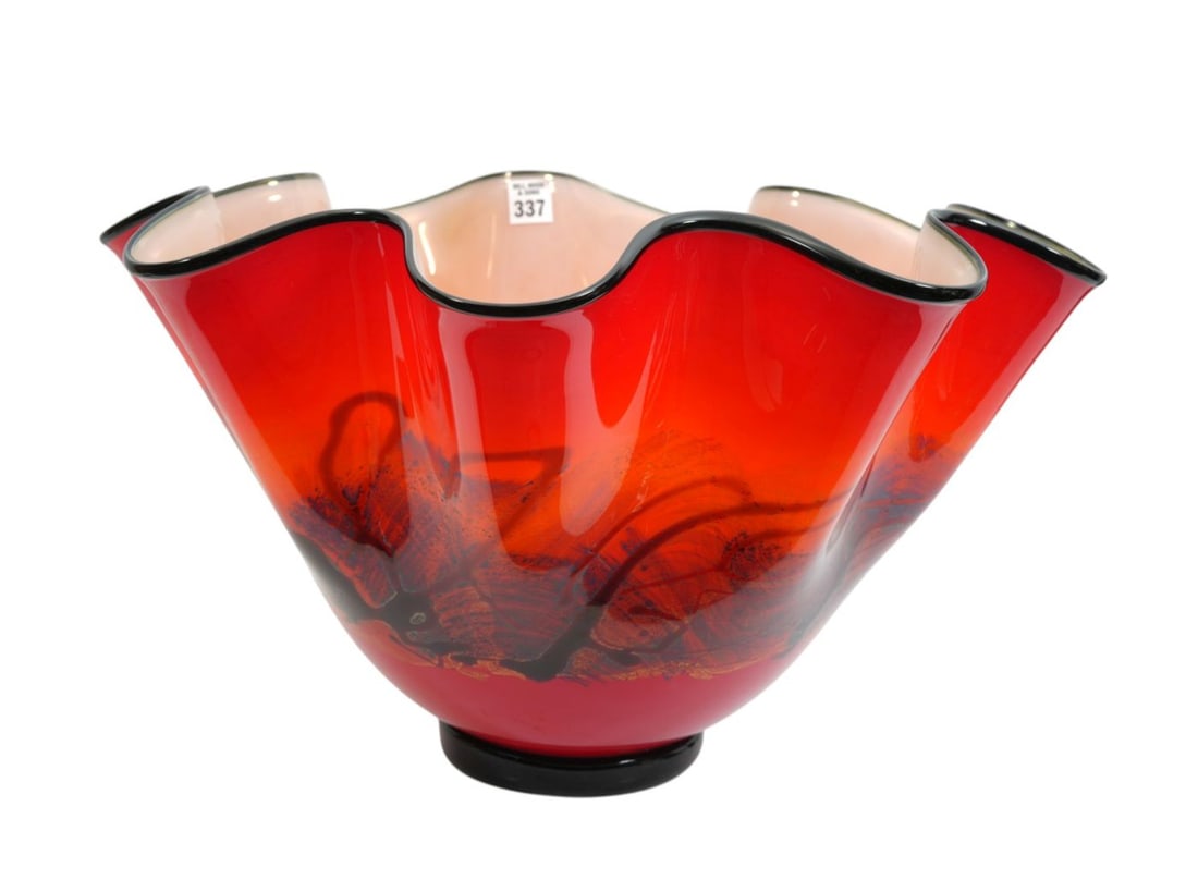 Very Large Art Glass Bowl/Vase, Red with Black Design & Fluted Rim, 11"h x 19"w: Very Large Art Glass Bowl/Vase, Red with Black Design & Fluted Rim, 11"h x 19"w