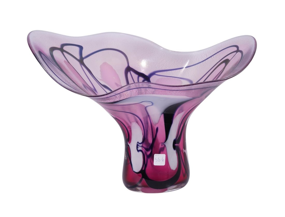 Art Glass Vase Centerpiece Flared Rim, Purple, Black, White, 14"h x 19"w (1 of 5)
