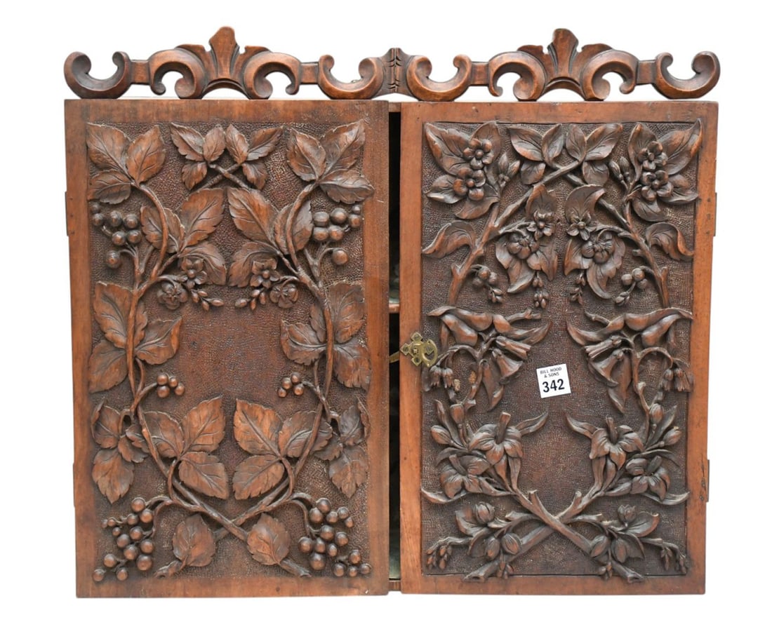 Small Hanging Cupboard with Elaborately Carved Leaves & Flowers, 19"h x 22"w x 7"d (1 of 4)
