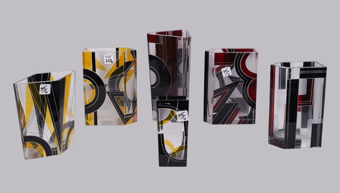 6 Karl Palda Style Art Deco glass vases, 3 Yellow, Black, Frosted and Clear Vases, Diamond Shape,: 6 Karl Palda Style Art Deco glass vases, 3 Yellow, Black, Frosted and Clear Vases, Diamond Shape, Arrow Shape and Square Shape, Tallest 9"h x 6 1/2"w x 3"D. 3 Art Deco Red, Black, Frosted and Clear Gl