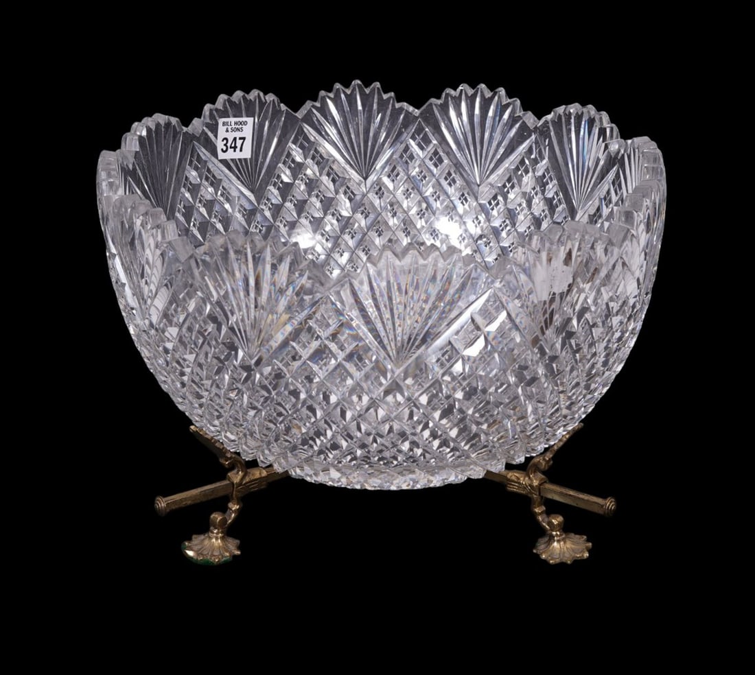 Cut Glass Bowl on Brass Trivet, 8 1/4"h x 12 1/4"dia (1 of 4)