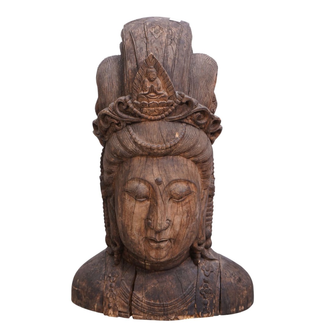 Large 19th c. Carved Buddha Head, 30"h x 18"w x 12"d (several age appropriate Cracks): Large 19th c. Carved Buddha Head, 30"h x 18"w x 12"d (several age appropriate Cracks)