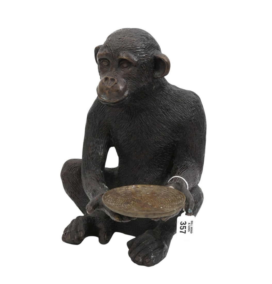 Bronze Seated Monkey Holding Dish, 12"h x 9"w x 7"d: Bronze Seated Monkey Holding Dish, 12"h x 9"w x 7"d