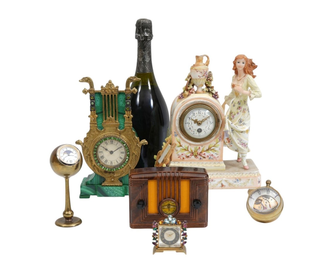 Lot of 6 Assorted Shelf Clocks, 2 Ball Style, Porcelain Figural Clock, Faux Malachite with Brass: Lot of 6 Assorted Shelf Clocks, 2 Ball Style, Porcelain Figural Clock, Faux Malachite with Brass Embellishment and Art Deco Bakelite (Porcelain Clock 10"h x 7 1/2"w, has old repairs)