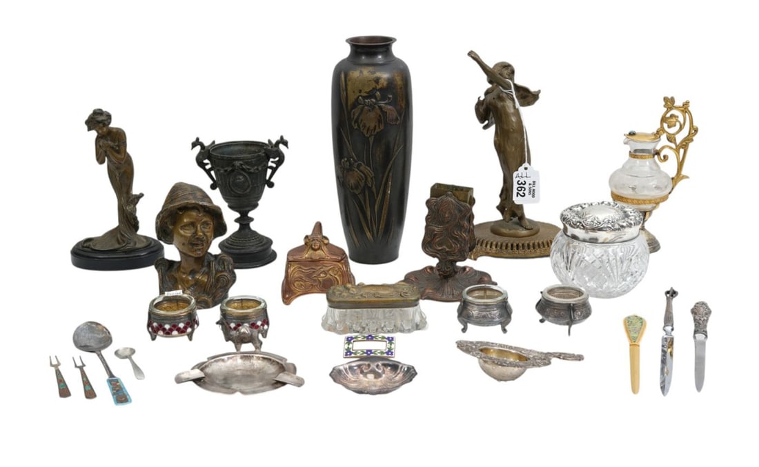 Lot of Mostly White Metal Figures, Match Holder, Vases, Enamelware Salt Cellars, Letter Openers, (1 of 8)