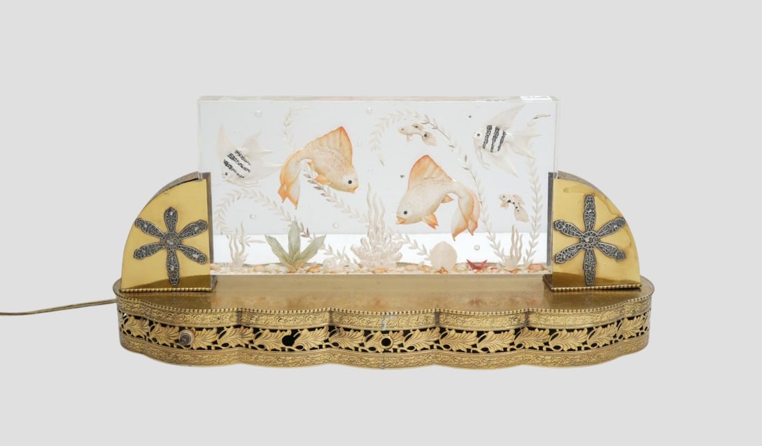 Vintage Rare Vanity Night Light Sculpture, Lucite Panel With Fsih Motif Sitting on Filagree Brass: Vintage Rare Vanity Night Light Sculpture, Lucite Panel With Fsih Motif Sitting on Filagree Brass Base, 9"h x 18 1/2"w x 6"d (needs securing)