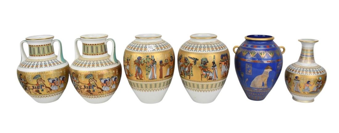 6 pcs, 2 Pair Kaiser Porcelain Egyptian Motif Vases, Depicting Scenes From Pharoah TUT, 11"h x 9"w (1 of 12)