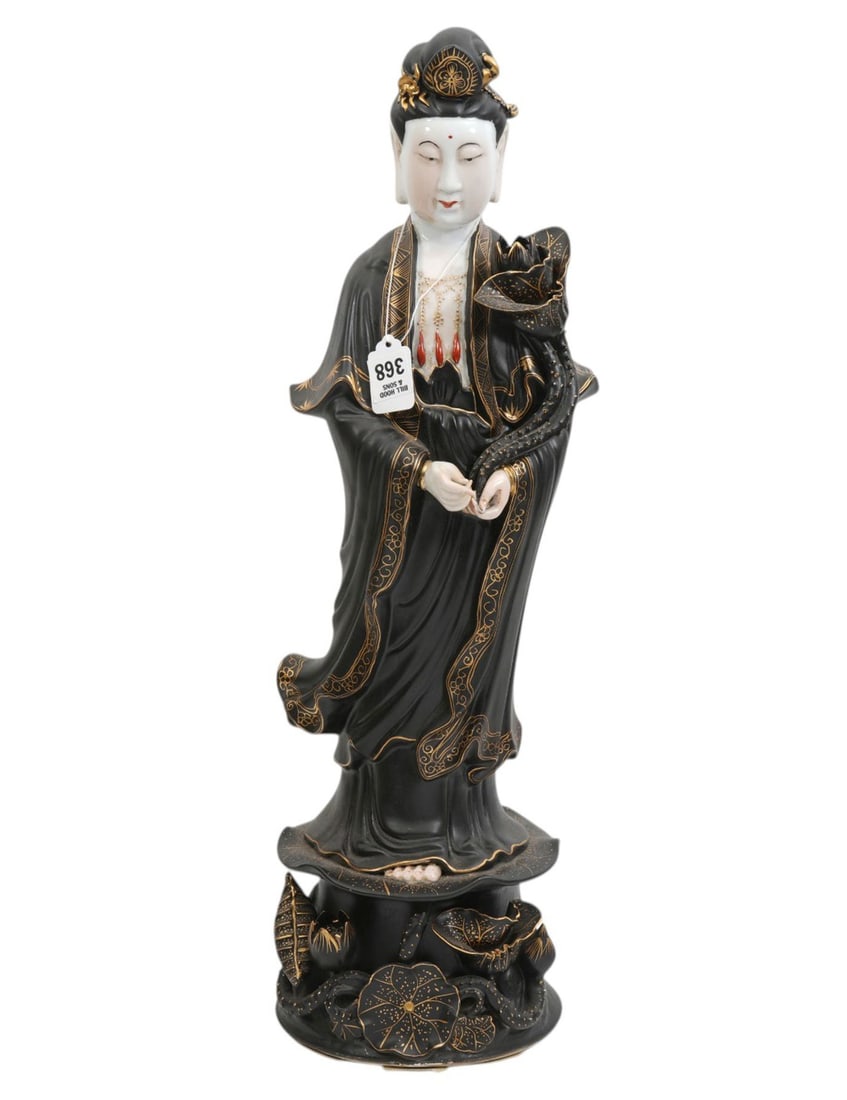 Large Quan Yin Ceramic Figure, Black With Gilded Accents, 24"h x 8"w (1 of 6)