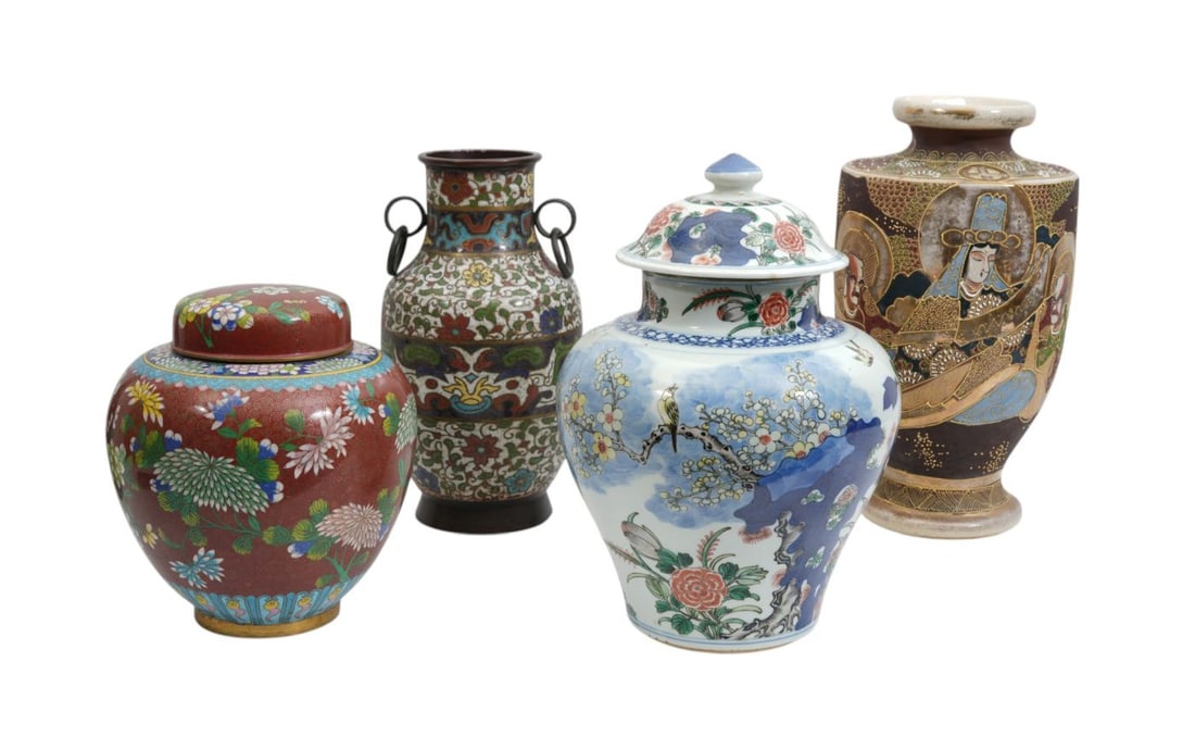 4 Assorted Asian Jars & Vases, Cloisonne, Champleve, Brown Moriage AND Vase with Blue & Reds On (1 of 8)