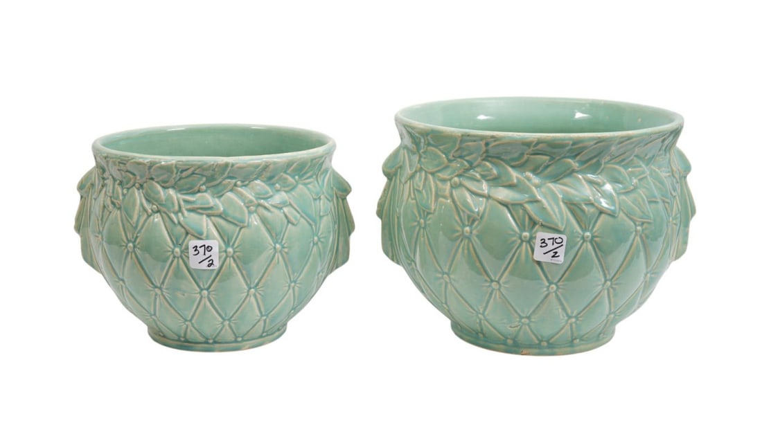 2 McCoy Green Pottery Jardinieres, 2 Sizes, Largest 8 1/2" x 10"w: 2 McCoy Green Pottery Jardinieres, 2 Sizes, Largest 8 1/2" x 10"w