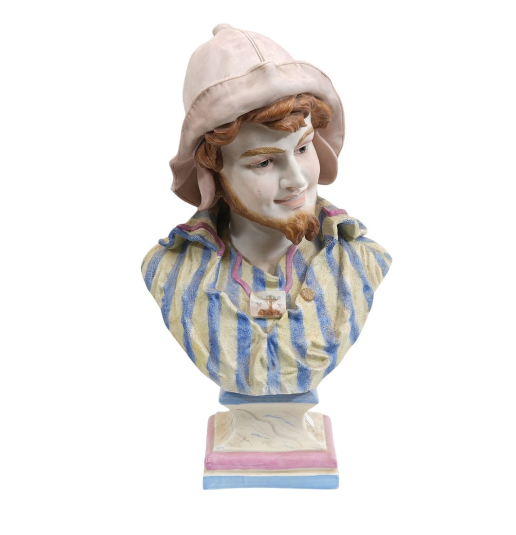 Vintage Bisque Male Bust, Ruffled Shirt with Blue & Yellow Stripe with Turned Up Hat, 19"h x 10"w x: Vintage Bisque Male Bust, Ruffled Shirt with Blue & Yellow Stripe with Turned Up Hat, 19"h x 10"w x 8"d
