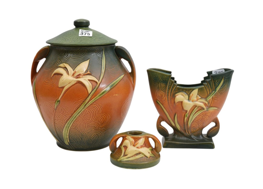 3 Roseville Pottery Tablewares, Zephyr Lily Pattern, 11"h x 10"w Largest: 3 Roseville Pottery Tablewares, Zephyr Lily Pattern, 11"h x 10"w Largest