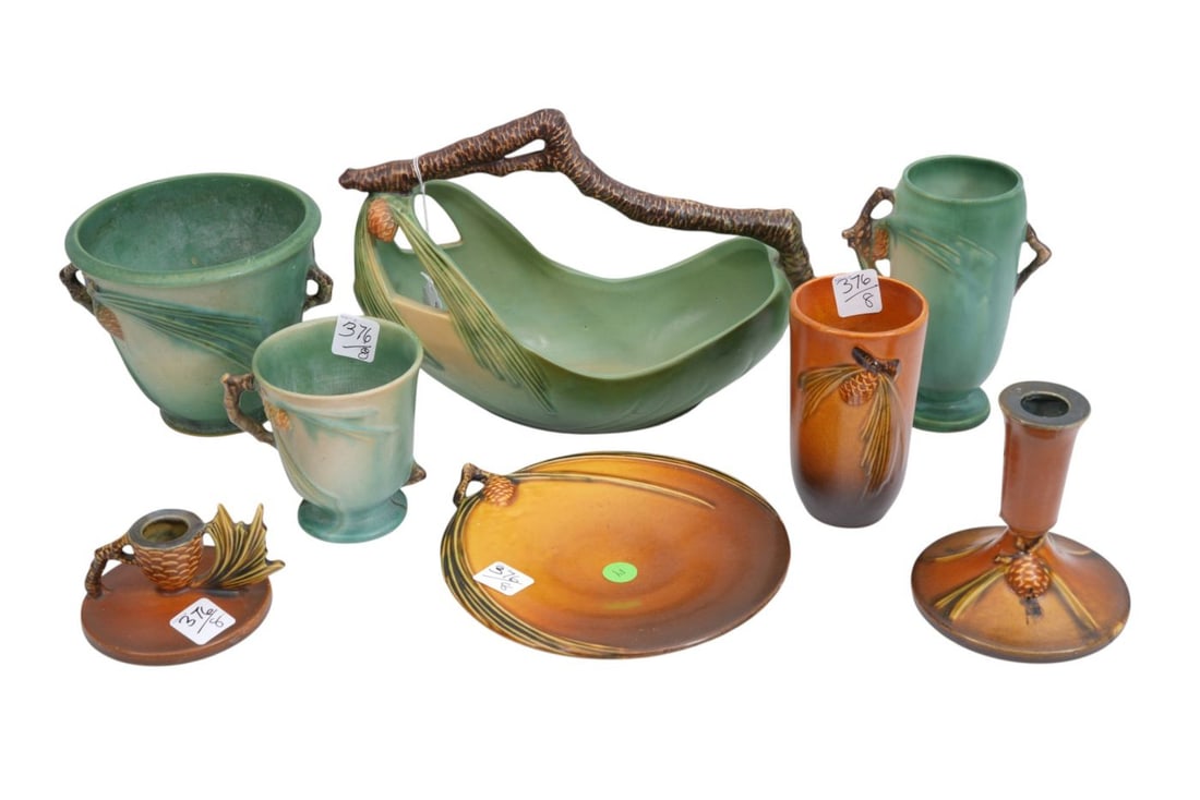 8 Pcs. Roseville Pottery Tablewares, Apple Blossom & Pine Cone Patterns, 8"h x 12"w Largest (1 of 11)