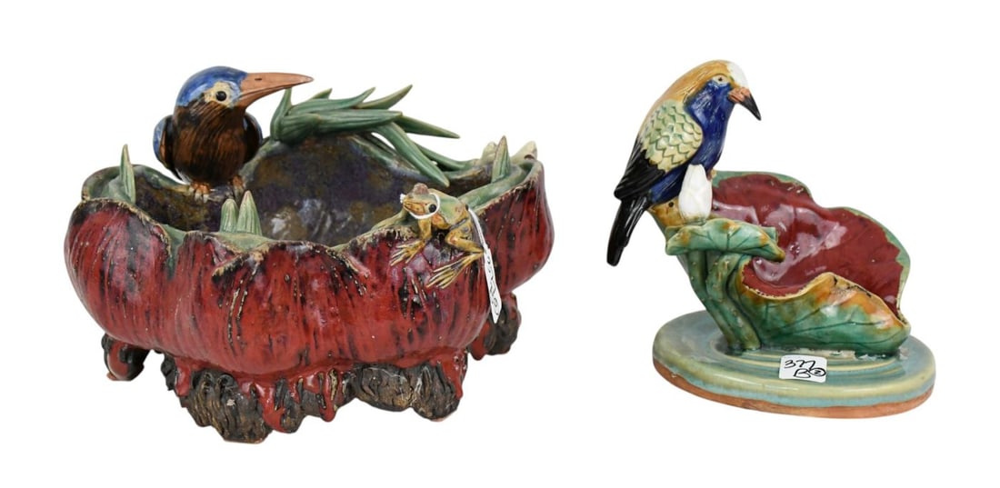 2 Glazed Pottery Bowls with Birds & Leaves, Largest, 8"h x 11"w (1 of 8)