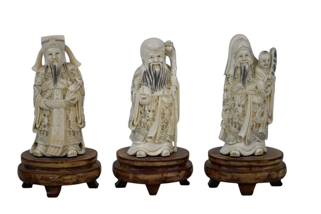 3 Chinese Carved figures, Prosperity, Longevity & Good Fortune, 4 x 2 inches. On 1 inch wood base. (1 of 6)