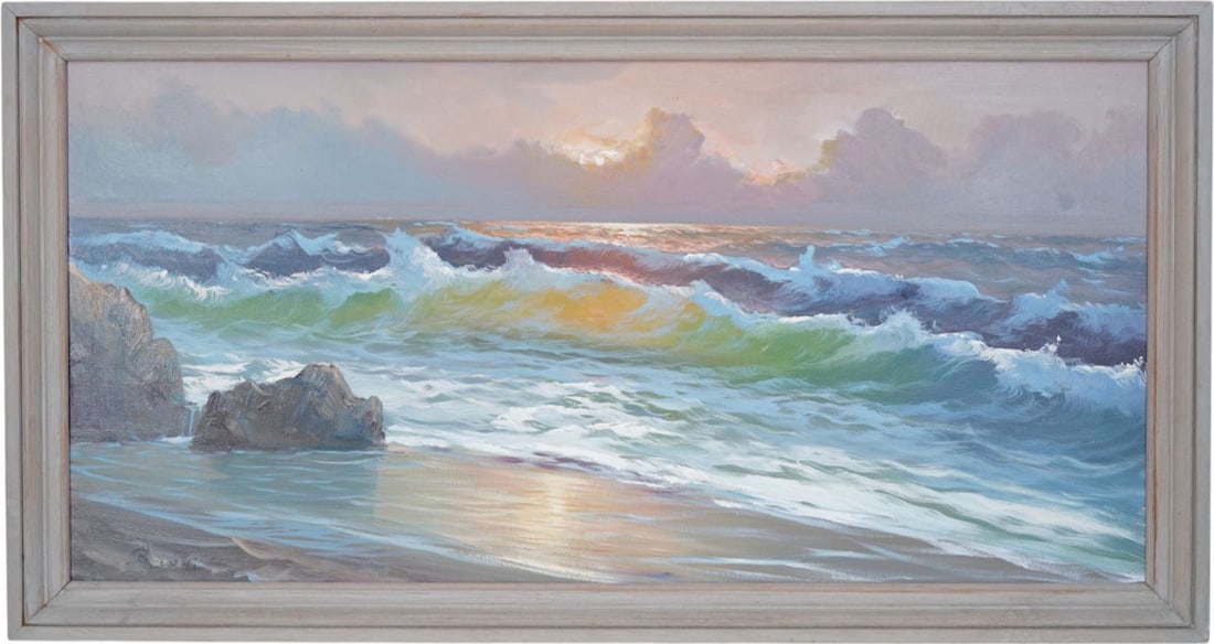 Crashing waves at sunset, Illegibly signed, Oil on canvas, Dzigurski Style, 27 1/2 x 51 1/2: Crashing waves at sunset, Illegibly signed, Oil on canvas, Dzigurski Style, 27 1/2 x 51 1/2 overall canvas size 24 x 48 inches