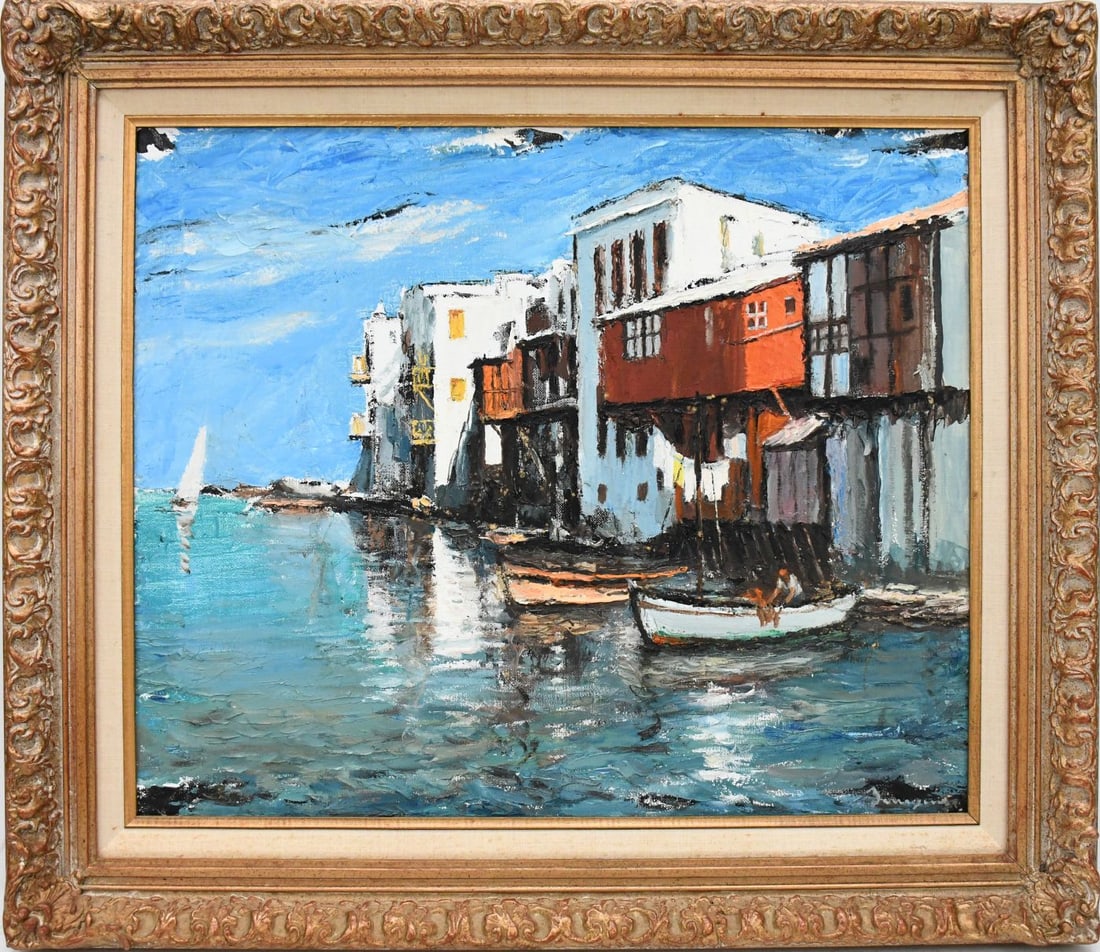 Old Mykonos -Houses on the Water, Signed illegibly, Oil on canvas 20 x 24 inches. , 26 1/2 x 30 1/2: Old Mykonos -Houses on the Water, Signed illegibly, Oil on canvas 20 x 24 inches. , 26 1/2 x 30 1/2 inches