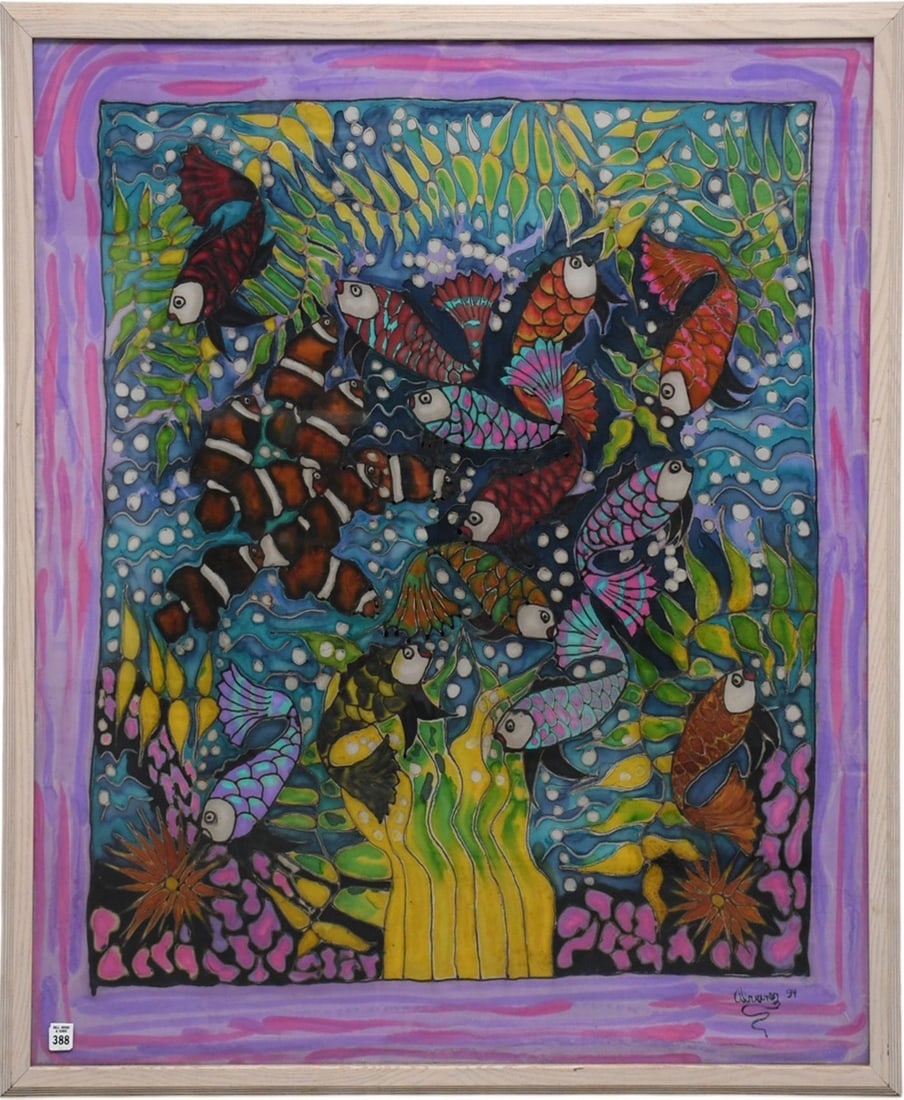 Batik painting, Underwater scene with lots of fish, illegibly signed & dated '94. 40-1/2 x 47-1/2 (1 of 6)