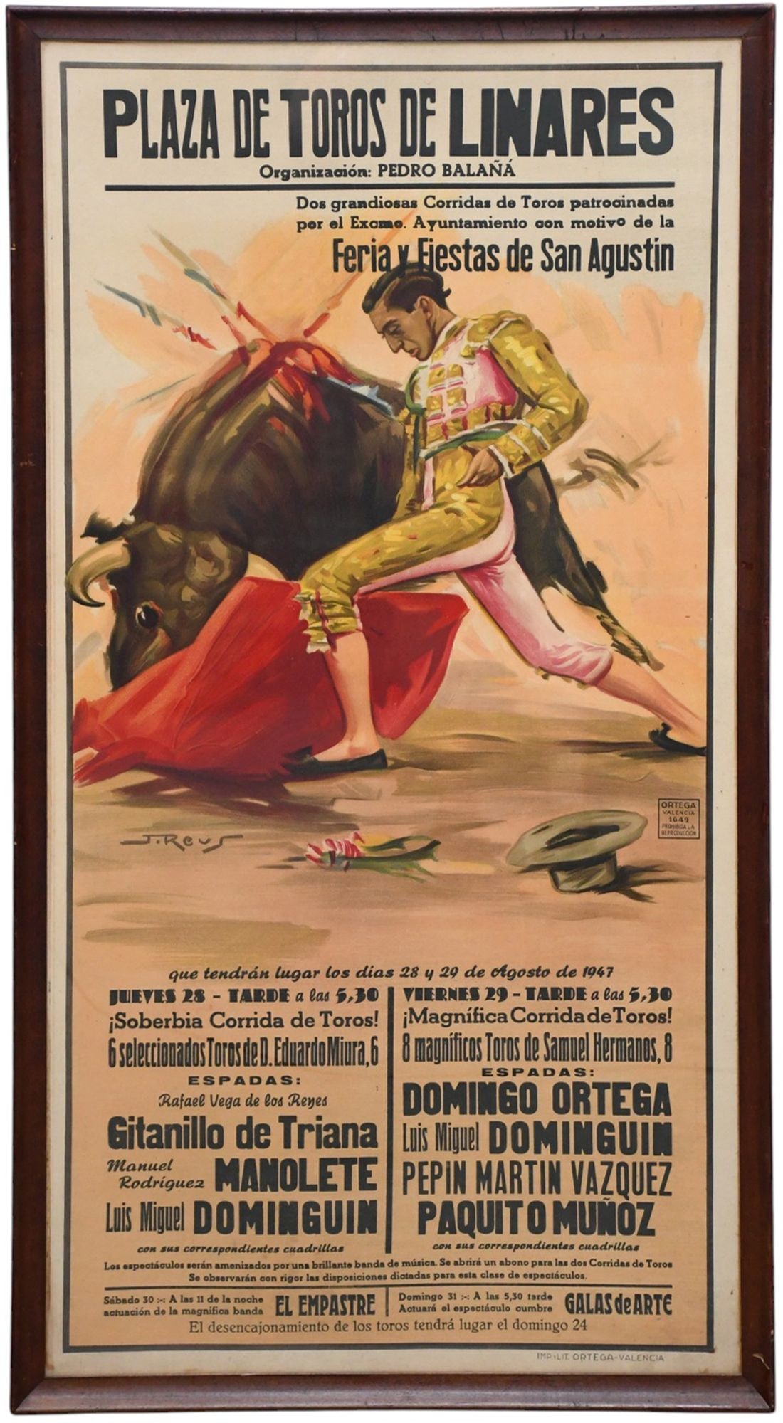 1947 Spanish Bullfighting Poster from Plaza de Toros de Linares, featuring artwork by J. Reus. (1 of 7)