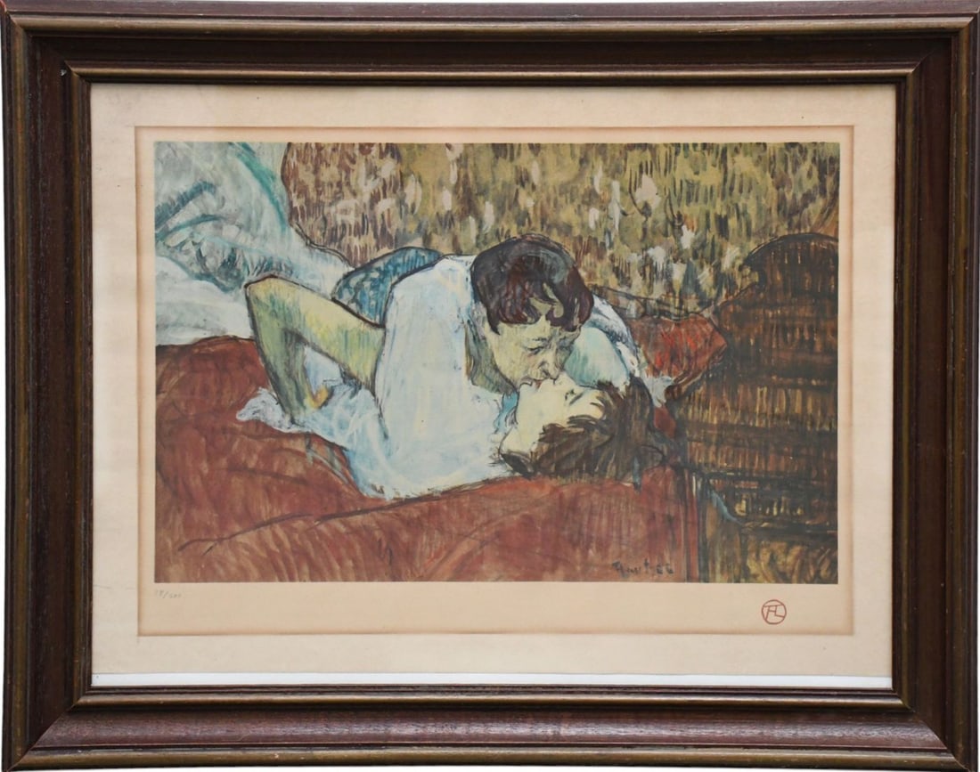 Toulouse Lautrec lithograph lovers image size 17 x 23 inches, overall frame size 25 1/2 x 31 inches. (1 of 5)