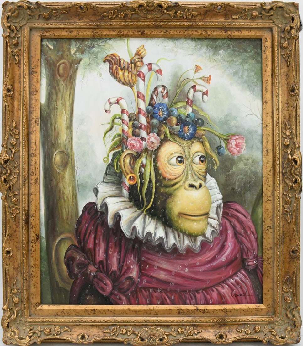 20th Century after Donald Roller Wilson, Monkey dressed up w/ head piece on, oil on canvas Painting,: 20th Century after Donald Roller Wilson, Monkey dressed up w/ head piece on, oil on canvas Painting, 24 x 20 inches. Overall framed size 29-1/2 x 25-1/2 inches