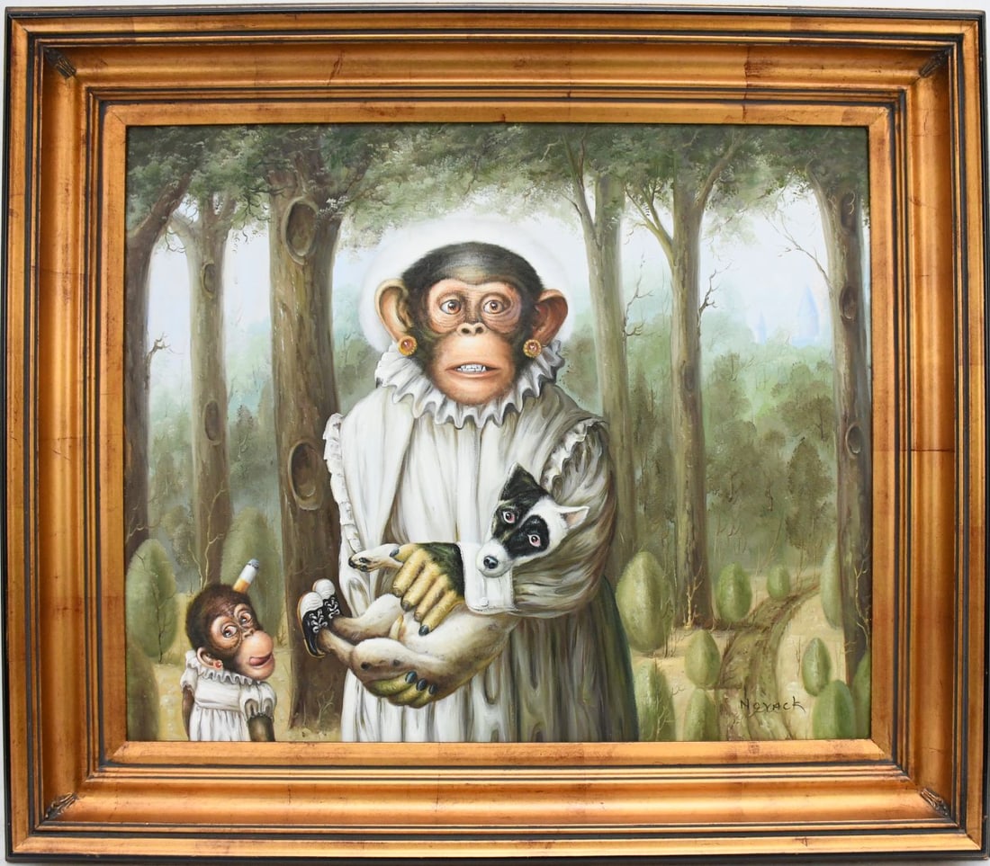 Monkey Painting, 20th Century after Donald Roller Wilson, Monkey Holding Dog, 24 x 20 inches.: Monkey Painting, 20th Century after Donald Roller Wilson, Monkey Holding Dog, 24 x 20 inches. Overall framed size 27 x 31 inches