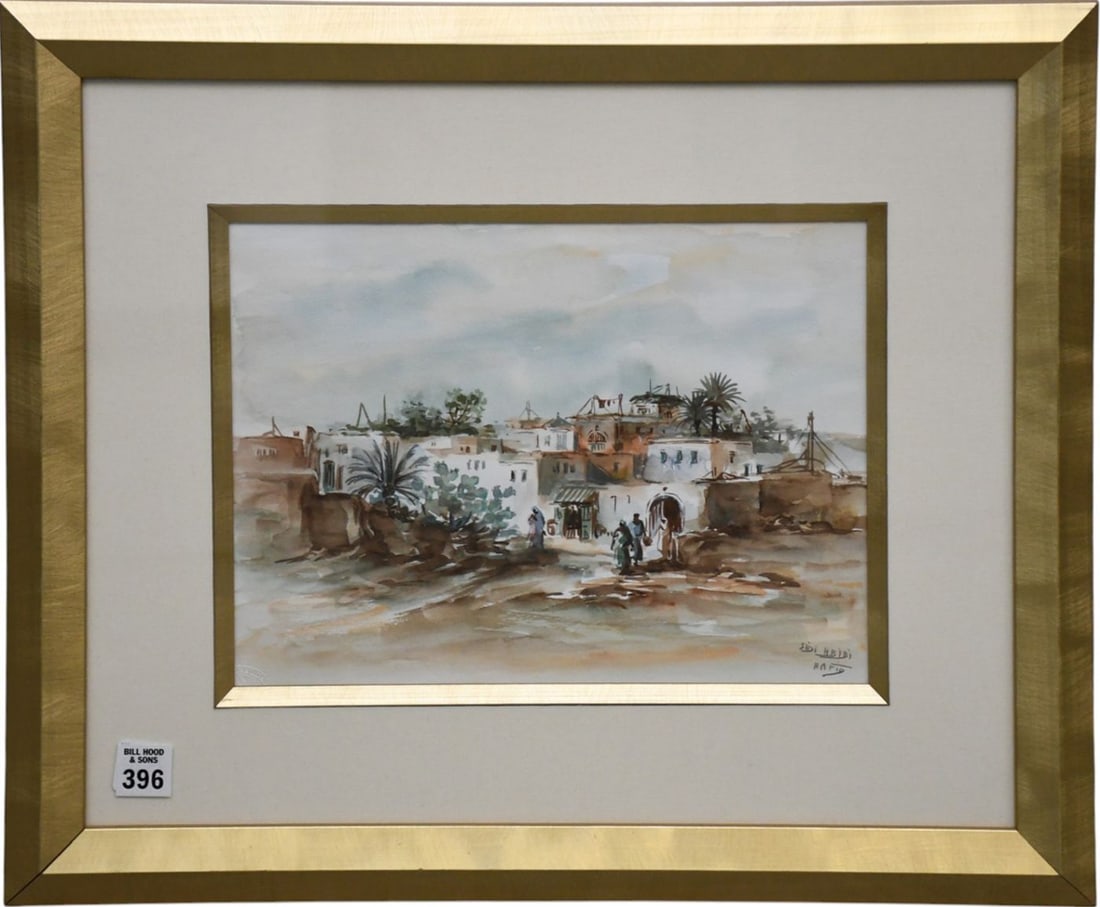 Middle East Watercolor village scene, signed sidi Hbibi. approx. 9 x 12 inches. Overall framed size (1 of 5)