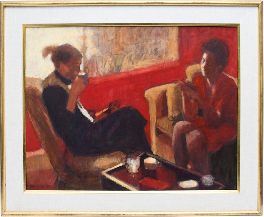 Contemporary oil Paining, Two Ladies conversing and having Tea. Signed lower left bottom G. Redmond (1 of 5)