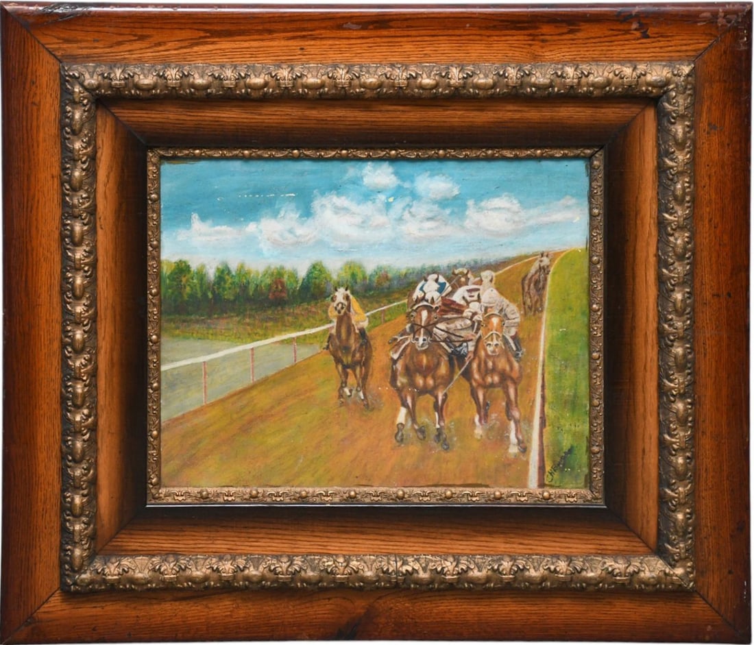 Charles Bruce (Am. 20th Century) oil on artist canvas board. 16 x 20 inches. Manuel yeasa's rough: Charles Bruce (Am. 20th Century) oil on artist canvas board. 16 x 20 inches. Manuel yeasa's rough riding in the Preakness 1962.