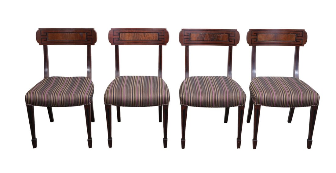4 Antique Mahogany Dining Chairs, Striped Upholstery (1 of 3)
