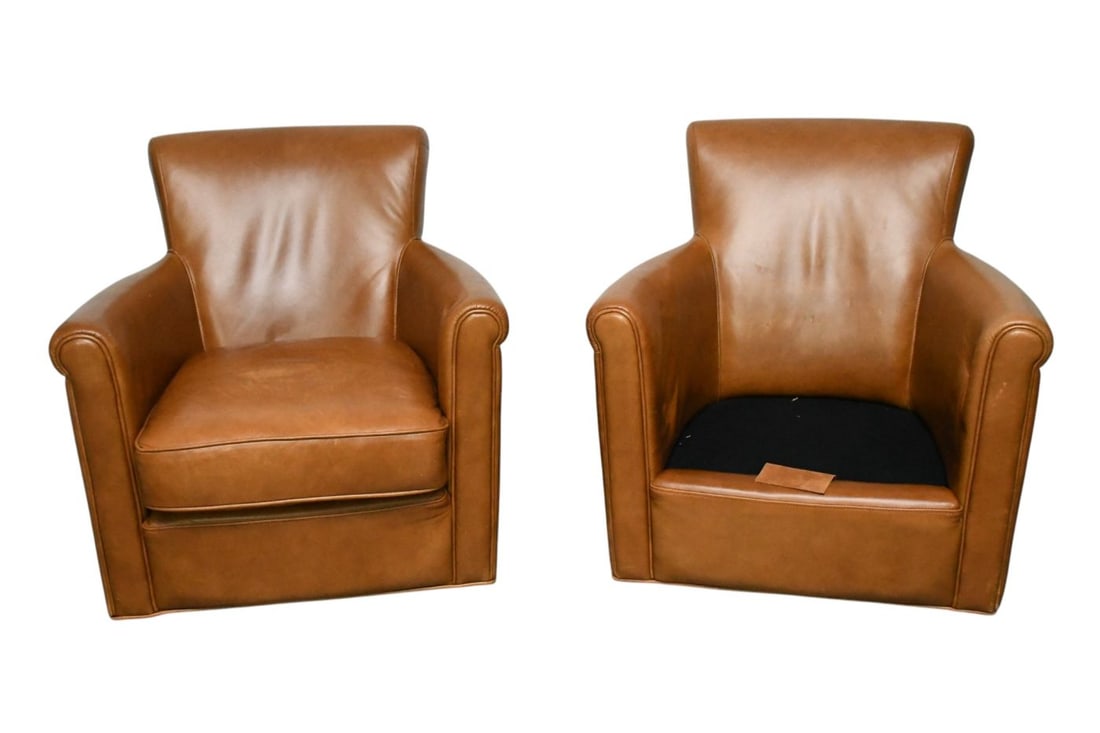 Pair Pottery Barn Camel Leather Swivel Armchairs, 32"h x 29"w x 28"w (one missing chair cover) (1 of 6)