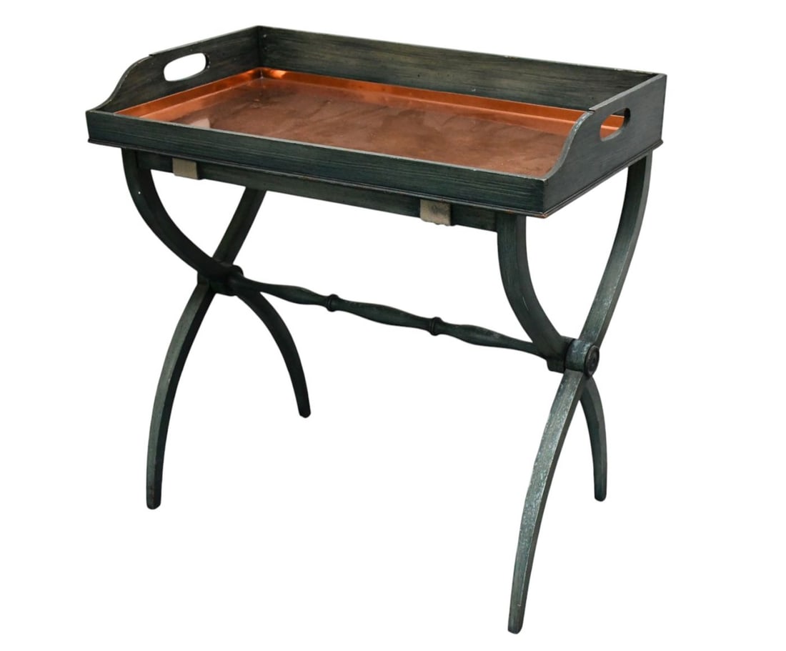 Folding Side Table/Luggage Rack with Copper Lined Tray, Antiqued Green Color, 31"h x 31"w x 18"d (1 of 6)