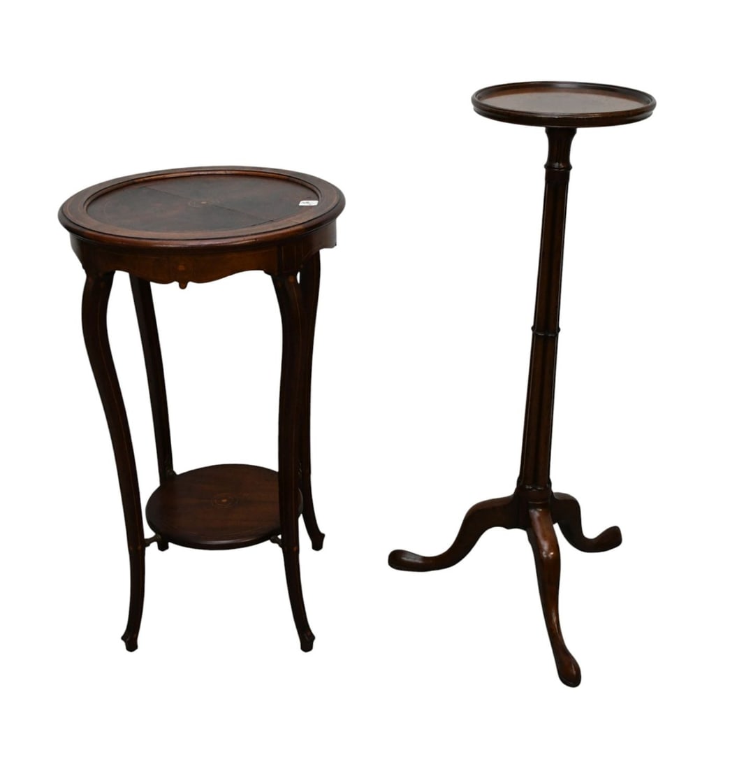 2 Vintage Mahogany Stands, One with String Inlay (30"h x 17"dia) AND One with Bamboo Motif Column (1 of 6)