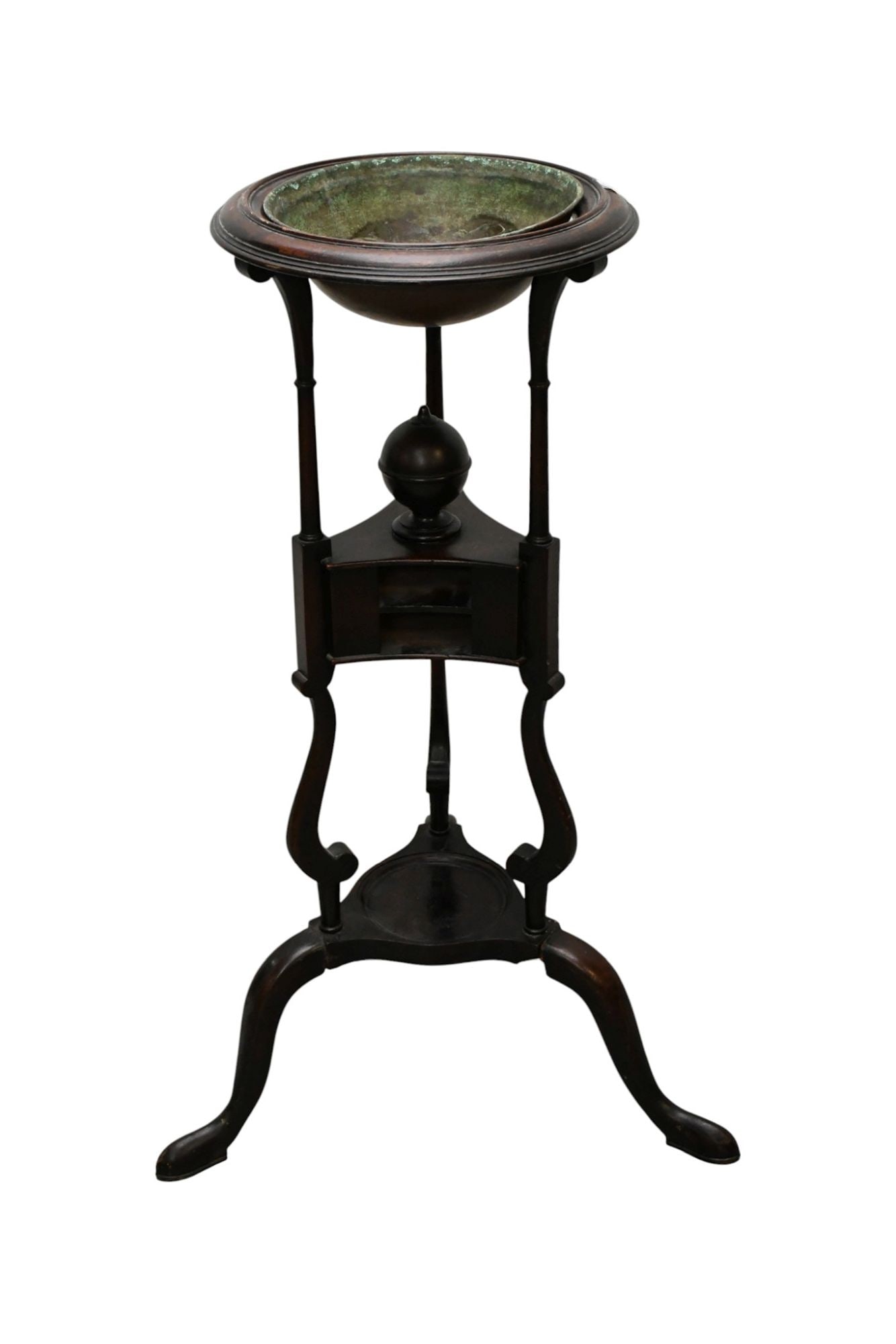 Vintage Plant Stand, 3 Tier on Trifed Legs with Copper Liner/Bowl, 32"H x 13"dia: Vintage Plant Stand, 3 Tier on Trifed Legs with Copper Liner/Bowl, 32"H x 13"dia