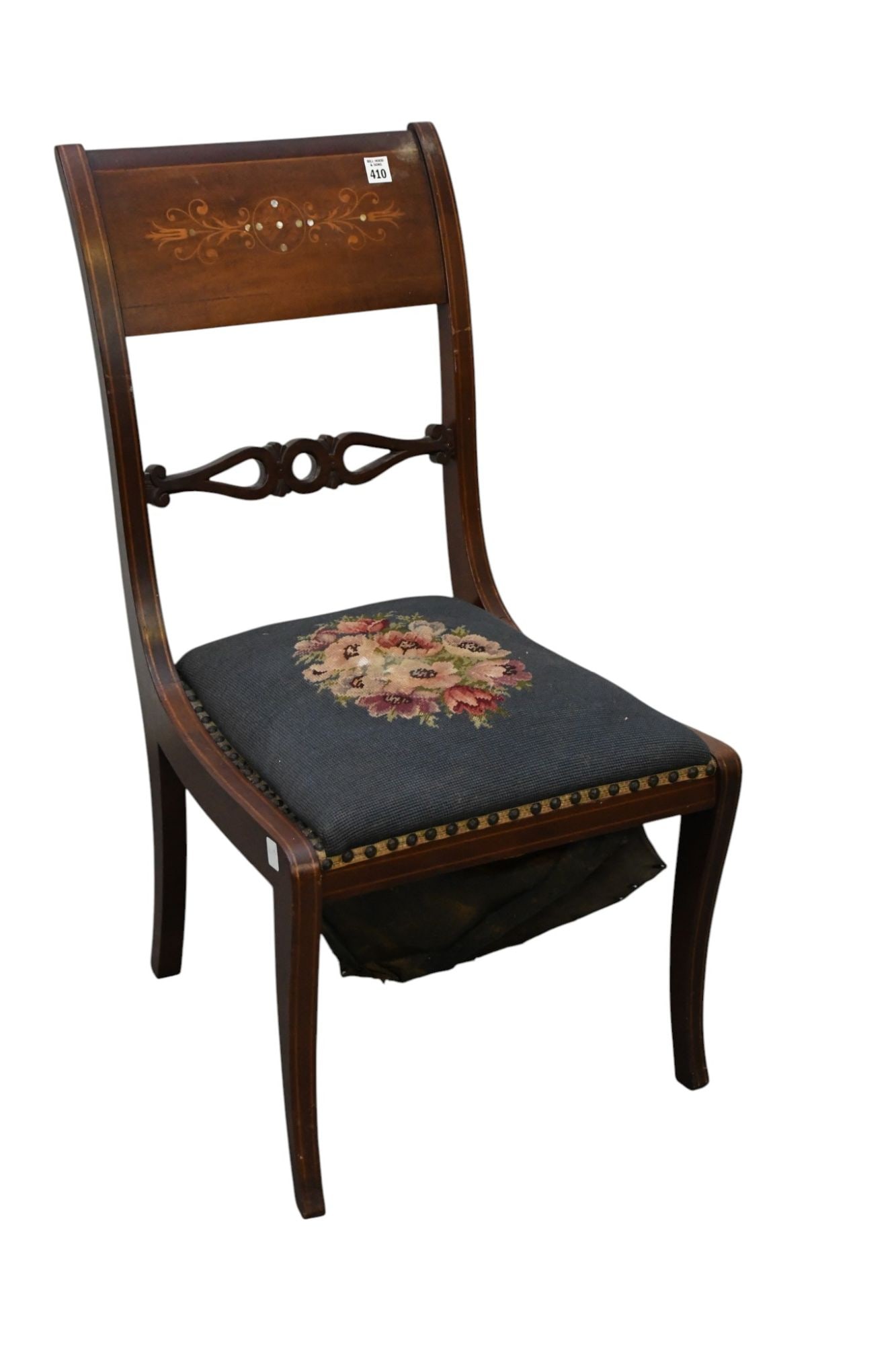 Antique Mahogany Side Chair with Marquetry & Mother of Pearl on Horizontal Top Splat, Needlepoint (1 of 5)