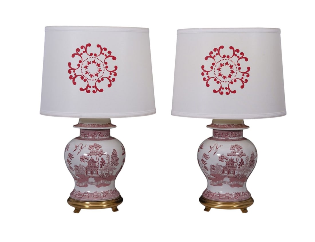 Pair Spode Porcelain Ginger Jar Form Lamps with Red Willow Pattern, 27"h top of shade: Pair Spode Porcelain Ginger Jar Form Lamps with Red Willow Pattern, 27"h top of shade