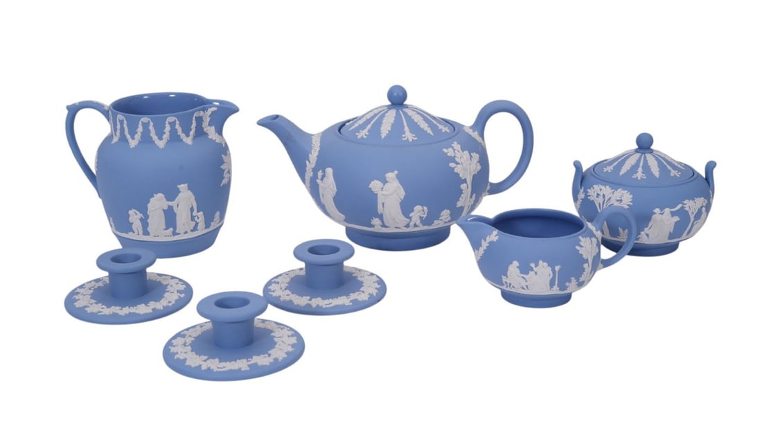 7 Pcs. Blue Wedgwood Jasperware Tablewares, Largest 4 3/4"h x 9"w (teapot has repair) (1 of 7)