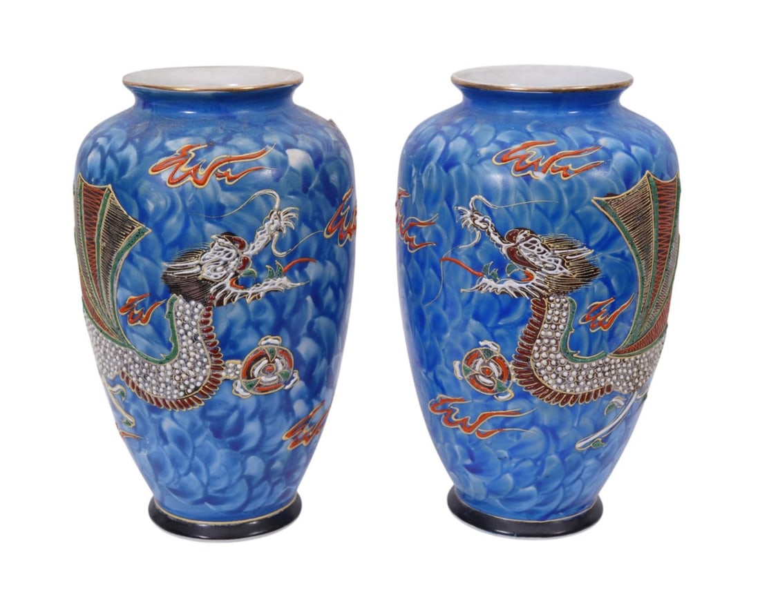 Pair Asian Ceramic Blue Vases with Raised Painted Dragon Motif, 9"h x 5"dia (1 of 6)