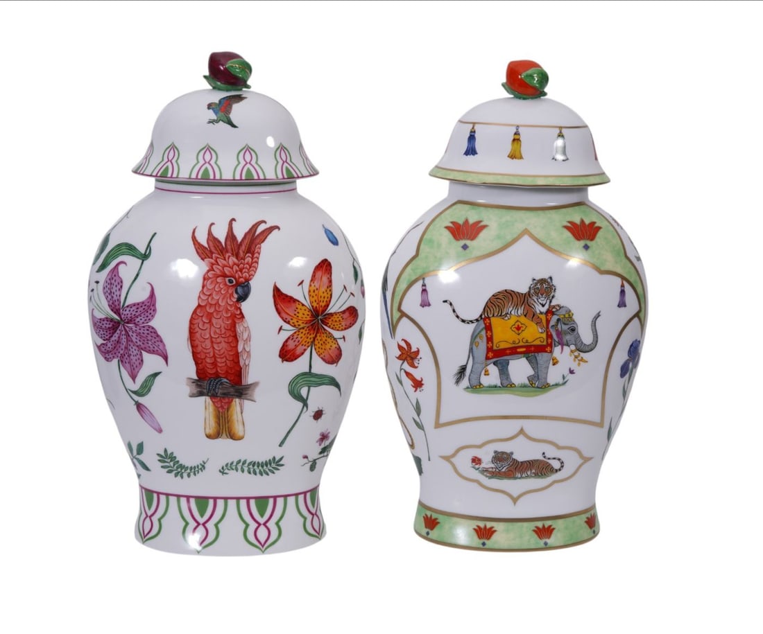 2 Lynn Chase Porcelain Covered Jars, "Tiger Raj" & "Parrots of Paradise", 15"h x 9 1/2"w Each: 2 Lynn Chase Porcelain Covered Jars, "Tiger Raj" & "Parrots of Paradise", 15"h x 9 1/2"w Each