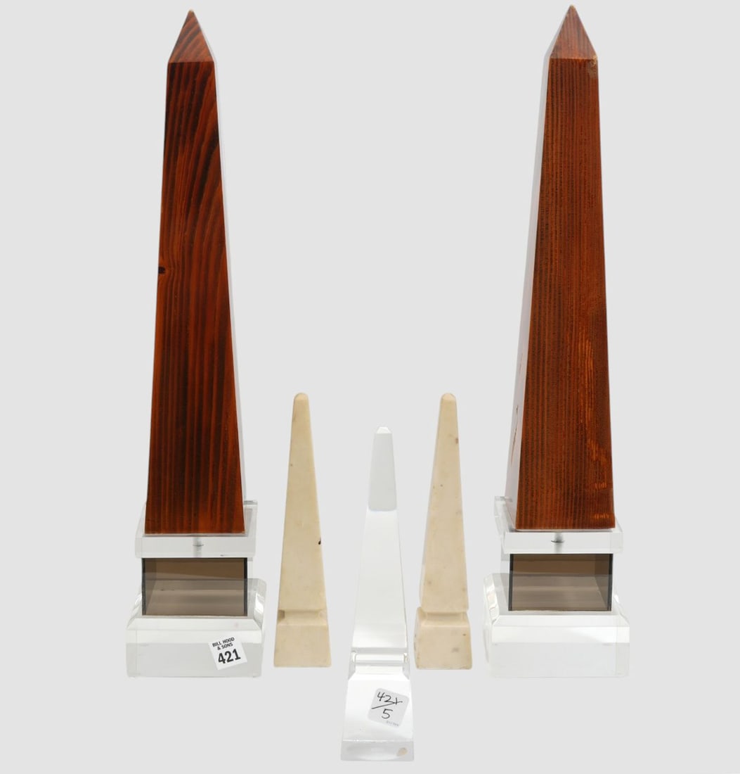 5 Obelisks, Pair Faux Wood Style with Lucite Base (21"H x 5"square Base ) Baccarat Crystal and 2: 5 Obelisks, Pair Faux Wood Style with Lucite Base (21"H x 5"square Base ) Baccarat Crystal and 2 Faux Stone