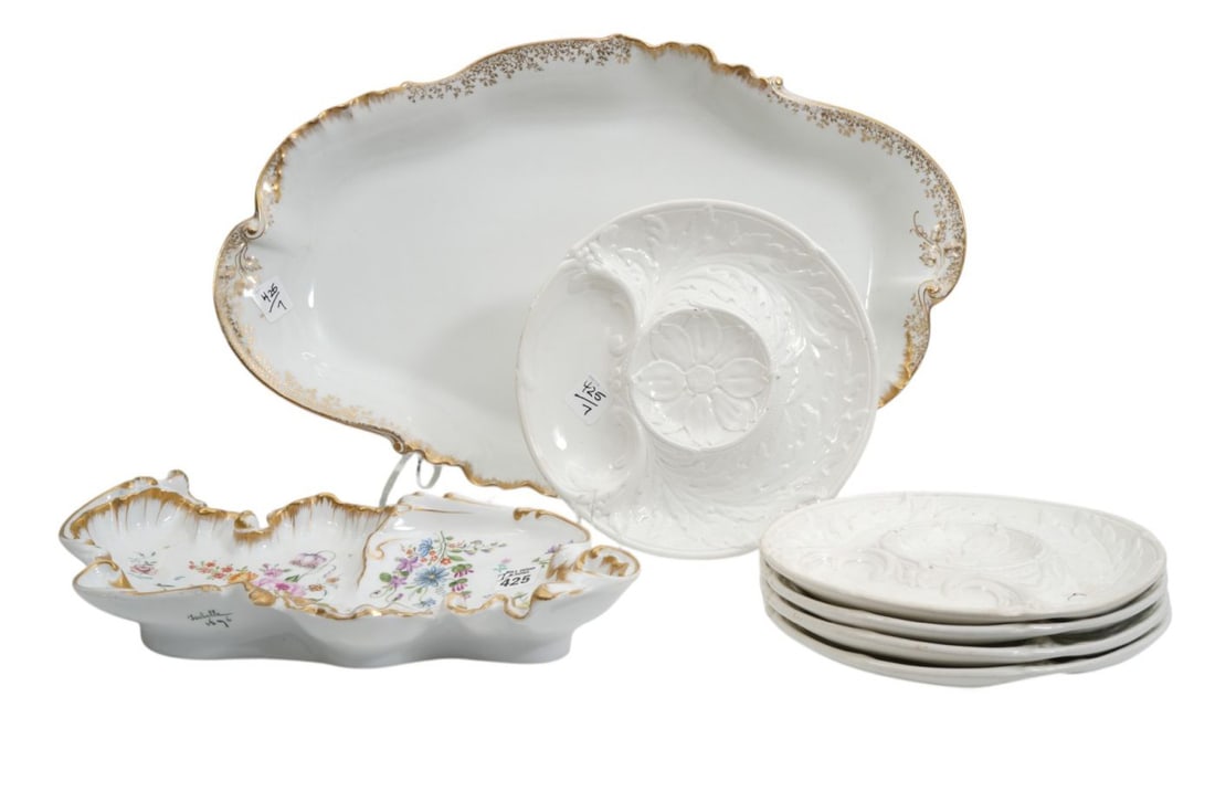2 Antique French Porcelain Serving Dishes (Largest 20" x 13") & 5 Ceramic Artichoke Plates (9" dia) (1 of 8)