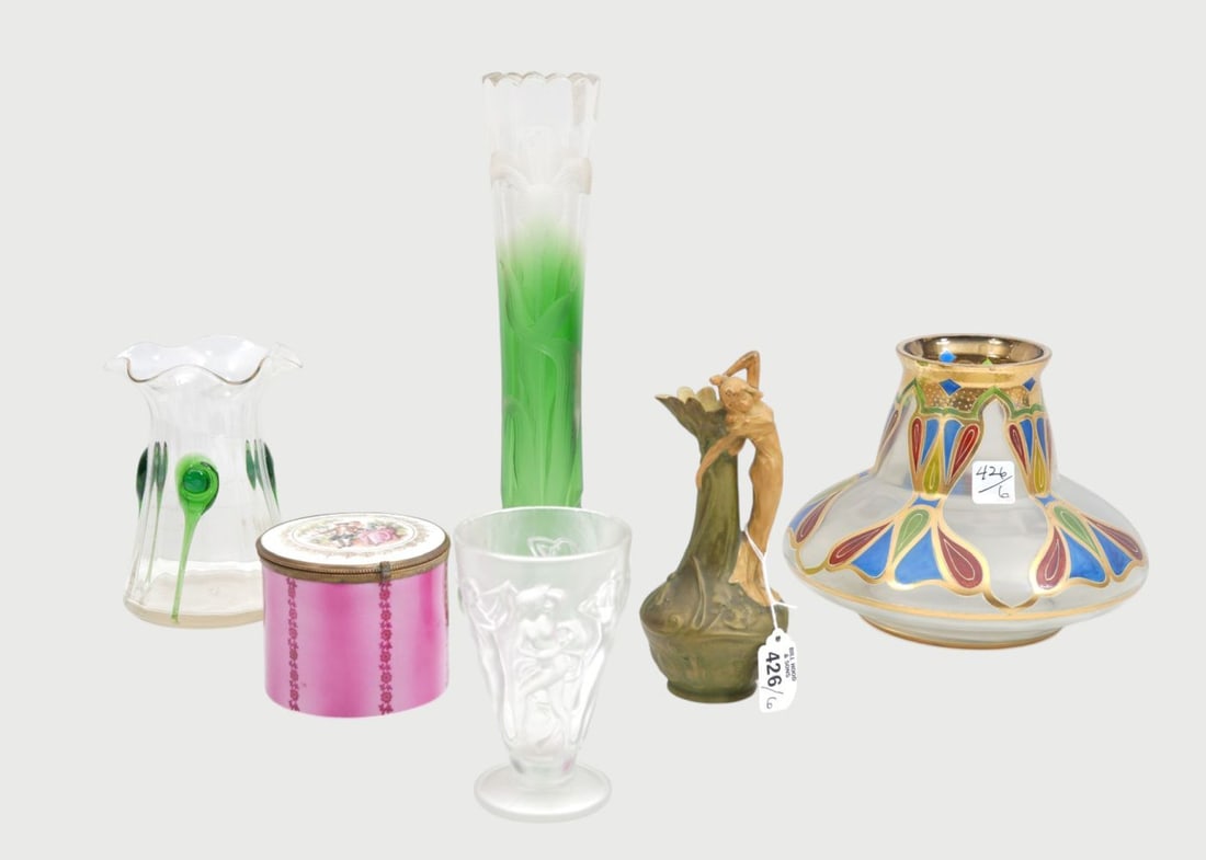 4 Assorted Antique Glassware & 2 Porcelain Tablewares, Vase with Engraved Iris, Vase with Abstract: 4 Assorted Antique Glassware & 2 Porcelain Tablewares, Vase with Engraved Iris, Vase with Abstract Green Design, Art Deco Style Vase Dancers, Red & Blue Art Nouveau Vase, Pink Porcelain Dresser Box & 