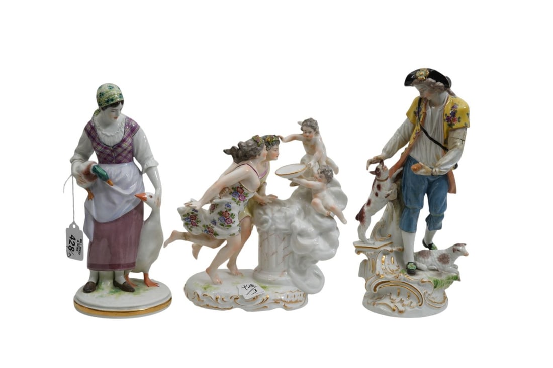 3 Meissen Porcelain Figures, 19th c, Maiden with Ducks, Angel Grouping (has been glued) AND (1 of 13)