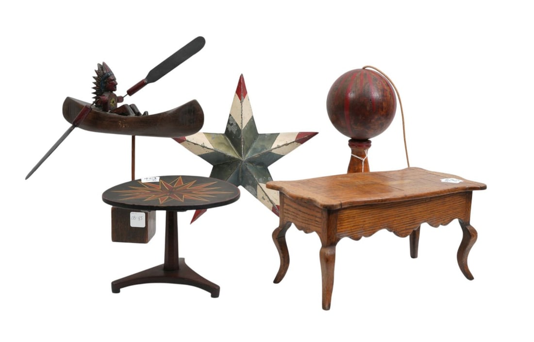 American Lot; Dollhouse Furniture Painted Tilt Top Table, Oak Provincial Table, Tin Painted Star, (1 of 7)