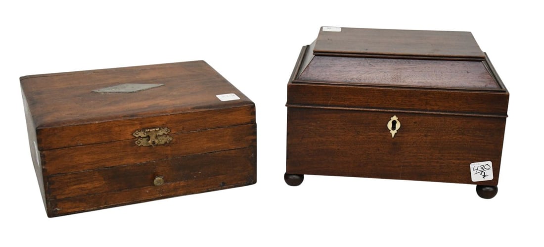 2 Antique Boxes, Mahogany Document Box has Tray Inside With Inlay Escutcheon On Bun Feet AND (1 of 8)